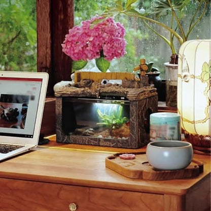 Fish Tanks with Water Fountain,Indoor & Outdoor Small Fish Pond Kit,Water Pump & Filtration & LED Light,Tabletop Aquarium,Waterfall Decoration,Home Office Decor,A