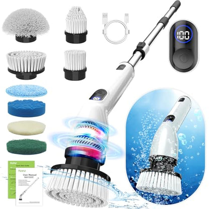 Electric Spin Scrubber,8 Replaceable Brush Heads for Home | IPX7 waterproof power scrubber with LCD display, multi heads, extendable handle, 90min runtime for bathroom kitchen glass car - color: Grey White