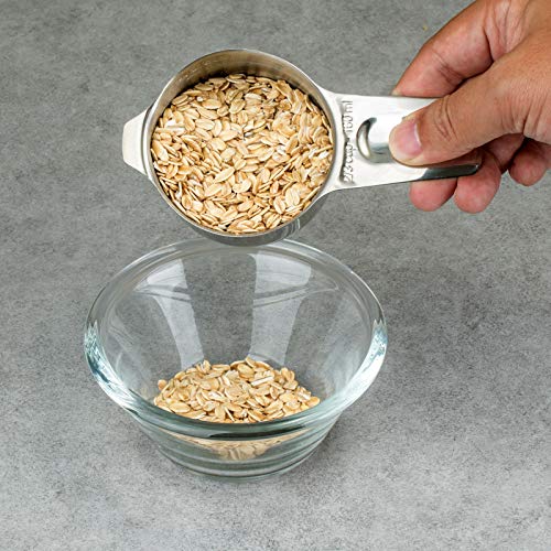 7-Piece 18/8 Stainless Steel Measuring Cups Set, Silver | Includes 1/16, 1/4, 1/3, 1/2, 2/3, 3/4 and 1 Cup, Engraved US and Metric Markings, Pour Spouts and Ring Connector - color: Silver, size: 7 Piece