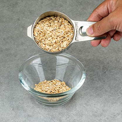 7-Piece 18/8 Stainless Steel Measuring Cups Set, Silver | Includes 1/16, 1/4, 1/3, 1/2, 2/3, 3/4 and 1 Cup, Engraved US and Metric Markings, Pour Spouts and Ring Connector - color: Silver, size: 7 Piece