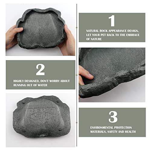 Reptile Water Dish Bowl Resin Rock Reptile Food and Water Feeder Pet Aquarium Ornament Terrarium Plate for Tortoise Lizard (Drak Green Large)