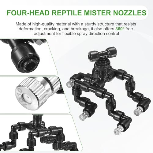 M METERXITY Reptile Mister Nozzles, 0.7mm Pore Copper 1/4" Four-Head Reptile Misting Spray Nozzle with Plug for Terrarium/Vivarium, 360 Degree Adjustable Detachable Nozzles [Black]
