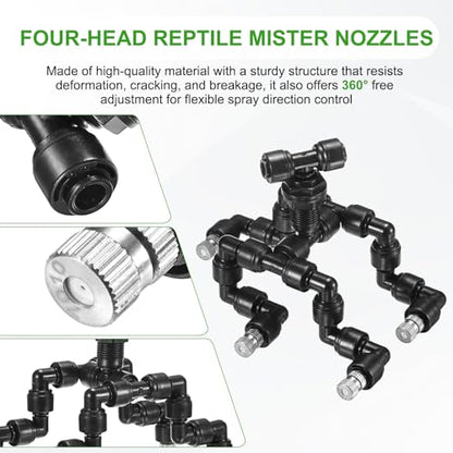 M METERXITY Reptile Mister Nozzles, 0.7mm Pore Copper 1/4" Four-Head Reptile Misting Spray Nozzle with Plug for Terrarium/Vivarium, 360 Degree Adjustable Detachable Nozzles [Black]