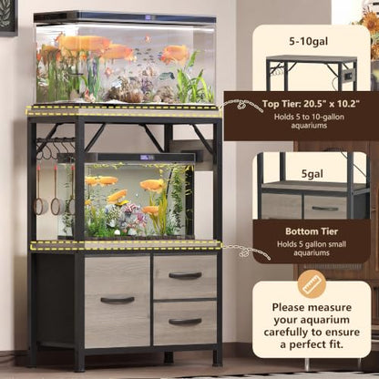 Heybly 5-10Gal Fish Tank Stand with Drawer, Power Outlet,200lbs HAS002SSG-1 | Aquarium Stand,Heavy Duty Metal Frame for Fish Tank, Turtle & Reptile Terrarium, 20.5" × 10.2" Top, Rustic Gray - color: Greige, size: 5-10 gal