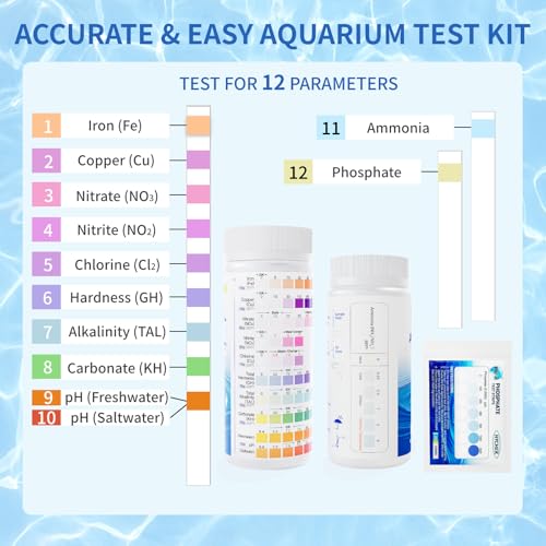 12 in 1 Accurate Aquarium Test Kit, Fresh and Salt Water Test Strips | 170 Strips, Fish Tank Aquariums Water Test Kit, Easy Fast Test Way, Multiple Uses, Includes Ammonia Phosphate Strips and More