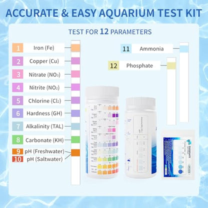 12 in 1 Accurate Aquarium Test Kit, Fresh and Salt Water Test Strips | 170 Strips, Fish Tank Aquariums Water Test Kit, Easy Fast Test Way, Multiple Uses, Includes Ammonia Phosphate Strips and More