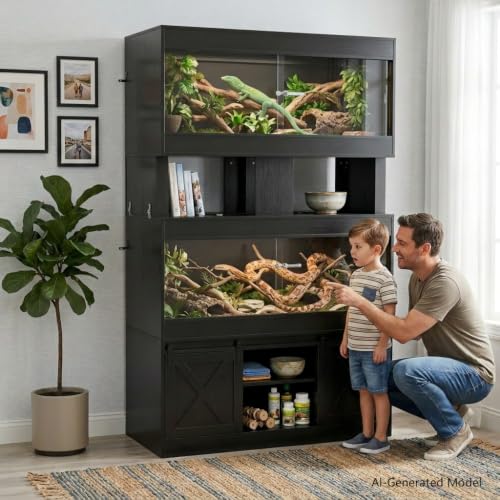 Cushore Double 4x2x2 Reptile Enclosure with Stand, Albizia Solid Wood-Core 120 Gallon Reptile Terrarium, Bearded Dragon Tank Stand with Sliding Door and 2 Cabinets for Lizard, Crested Gecko, Black