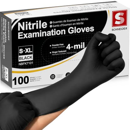 Schneider Nitrile Gloves, Gloves Disposable Latex Free, Powder Free | Black / Blue, 4-Mil, Medical Exam Glove, Food Safe Gloves, Cooking Gloves, Cleaning Gloves - color: Black, size: X-Large
