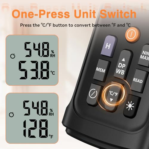 YT606 Temperature Humidity Meter High Precision Digital Hygrometer with Ambient, Relative Humidity, Dew Point, Wet Bulb Thermometer for Indoor Outdoor, Digital Thermometer Min/Max Hold, LCD Backlight | High Precision Hygrometer with Ambient, Relative Humi