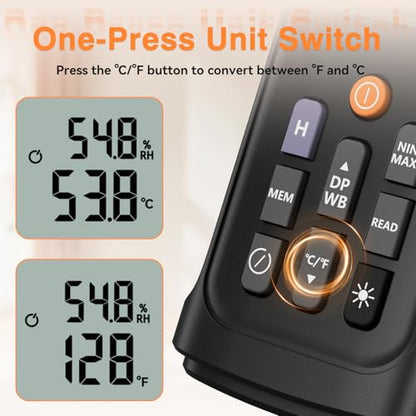 YT606 Temperature Humidity Meter High Precision Digital Hygrometer with Ambient, Relative Humidity, Dew Point, Wet Bulb Thermometer for Indoor Outdoor, Digital Thermometer Min/Max Hold, LCD Backlight | High Precision Hygrometer with Ambient, Relative Humi