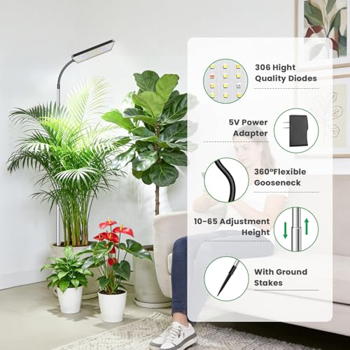 Plant Lights for Indoor Growing, 306LEDs Full Spectrum Grow Light | 7.9in Grow lights, 10-65in Height Adjustable for Growing Large Plants, 6/12/16 Timer,5 Dimmable Levels, 3 light Modes.2 Pack - size: 2 Pack