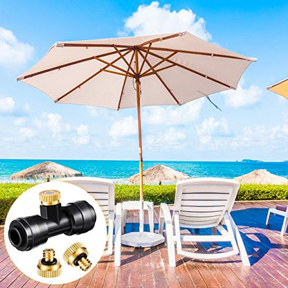 Ripeng 72 Pcs Brass Misting Nozzles Tees Plugs, 1/4 Inch Outdoor Mister | 30 Misting Nozzle Tees, 36 Brass Nozzles And 6 Black End Plugs For DIY Outdoor Patio Garden Backyard Cooling Spray System