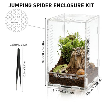 7.8"x4.7"x4.3" Jumping Spider Enclosure with Front Door | Small Acrylic Terrarium Praying Mantis Enclosure Clear Jumping Spider Habitat for Tarantula, Snail, Crabs and Small Reptiles