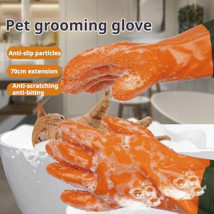 YOFANG 27.6" Extra Long Pet Grooming Bathing Gloves for Dogs & Cats | Anti-Bite Anti-Scratch Hair Removal Cat Bath Glove with Soft 3500+ Particles, Waterproof Rubber Washing Gloves,Orange/Green
