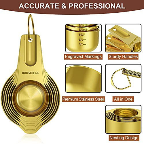 Wildone Gold Measuring Cups & Spoons Set of 21 - Includes 7 Stainless Steel Nesting Measuring Cups, 8 Measuring Spoons, 1 Leveler & 5 Mini Measuring Spoons, Ideal for Dry & Liquid Ingredients - color: Gold