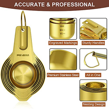 Wildone Gold Measuring Cups & Spoons Set of 21 - Includes 7 Stainless Steel Nesting Measuring Cups, 8 Measuring Spoons, 1 Leveler & 5 Mini Measuring Spoons, Ideal for Dry & Liquid Ingredients - color: Gold
