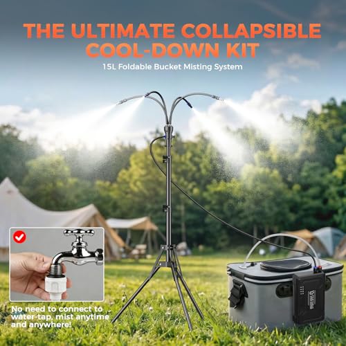 Portable Misting System with 15L Bucket, 10000mAh, 4.2FT Adjustable, Grey | Standing wireless mister, adjustable height, for backyard, pool, camping, BBQ