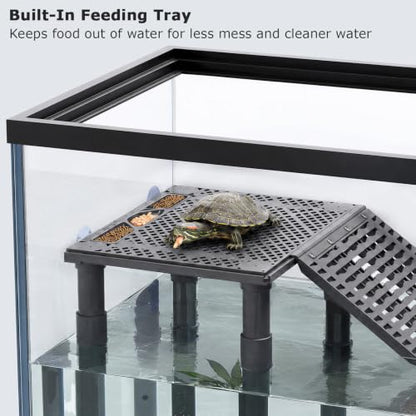 Upgraded Standing Turtle Basking Platform with Ramp, Built-in Feeding Tray | Adjustable Height, No Zip Ties, Non-Slip Ramp, Stable & Secure Turtle Dock for 30+ Gallon Aquariums (Fits Tanks 12+ In Wide) - size: 10 × 7.9 inch