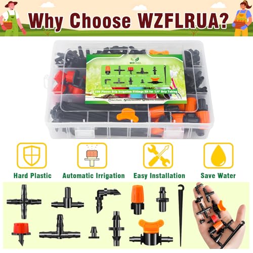 220-Piece Drip Irrigation Fittings Kit for 1/4" Tubing, Complete Set of Drip Barbed Connectors (Nozzle, Micro Dripper, Nozzle Tee, Single Barb, Coupling, Tee, Elbow, Valve, Plug, Cross, Stake) - size: 1/4" Fittings with Box-220P
