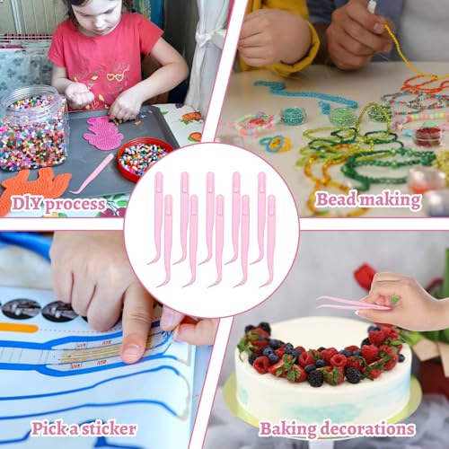 10 Pcs Bent Plastic Tweezers, Kids 4.5 Inch Craft Tweezers Long Sticker Tweezer for Kids Crafting, DIY Jewelry Making, Stickers, Bead Bracelets, Feeding Reptiles, Baking Decoration (Pink)