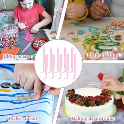 10 Pcs Bent Plastic Tweezers, Kids 4.5 Inch Craft Tweezers Long Sticker Tweezer for Kids Crafting, DIY Jewelry Making, Stickers, Bead Bracelets, Feeding Reptiles, Baking Decoration (Pink)