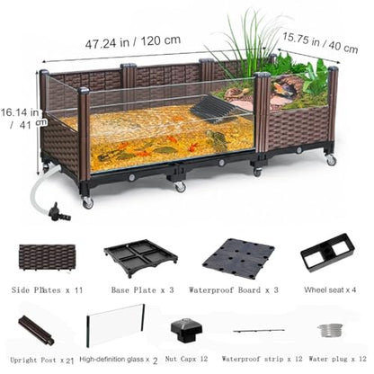 Large Tortoise Habitat Tank with Drainage & Glass Pool,Turtle Habitat Tank | Indoor / Outdoor Reptile Habitat,Aquatic & Terrestrial Turtle Terrarium with Wheels,Ideal for Pet Turtles,Reptile Enclosure