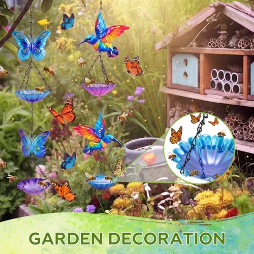 Tandefio 2 Pack Hanging Bee Watering Station, Butterfly Feeder, Flower Shaped Bowl Bee Metal Cups for Outdoor Garden Yard Decor, Pollinator Feeding Station 19.6 Inch (Butterfly & Hummingbird Style) - style: Butterfly & Hummingbird Style