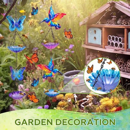 Tandefio 2 Pack Hanging Bee Watering Station, Butterfly Feeder, Flower Shaped Bowl Bee Metal Cups for Outdoor Garden Yard Decor, Pollinator Feeding Station 19.6 Inch (Butterfly & Hummingbird Style) - style: Butterfly & Hummingbird Style