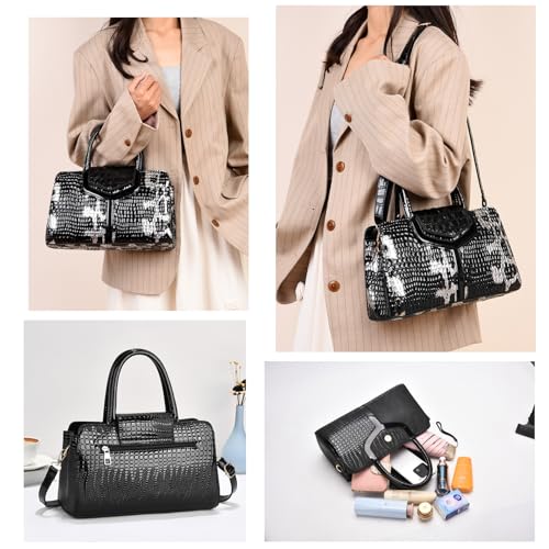 3 Compartment Satchel Purse Top Hnadle Bags Hobo Handbag for Women | Multi Compartment,Medium,Leopard Print Faux Fur,Detachable Shoulder Crossbody Strap,Work Office Daily,High elasticity base - color: M Black White