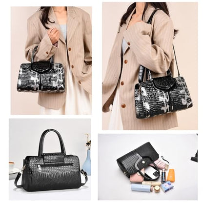 3 Compartment Satchel Purse Top Hnadle Bags Hobo Handbag for Women | Multi Compartment,Medium,Leopard Print Faux Fur,Detachable Shoulder Crossbody Strap,Work Office Daily,High elasticity base - color: M Black White