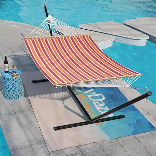 Lazy Daze Double Textliene Quick Dry Hammock with Spreader Bar for Outdoor | 11 Ft Hammock for 2 Person, Weather Resistant Fabric, 450 Lbs Capacity, Hammock Bed 78 x 55 In with Carabiners, Chains - color: Red Stripes