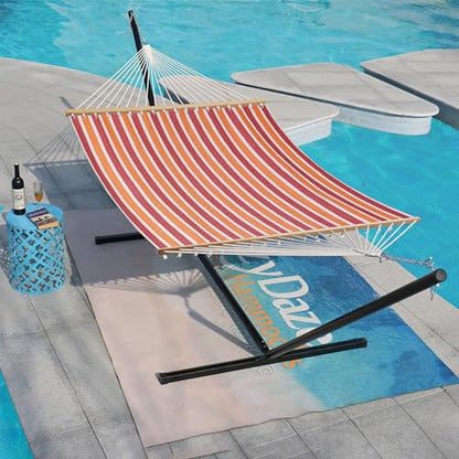 Lazy Daze Double Textliene Quick Dry Hammock with Spreader Bar for Outdoor | 11 Ft Hammock for 2 Person, Weather Resistant Fabric, 450 Lbs Capacity, Hammock Bed 78 x 55 In with Carabiners, Chains - color: Red Stripes