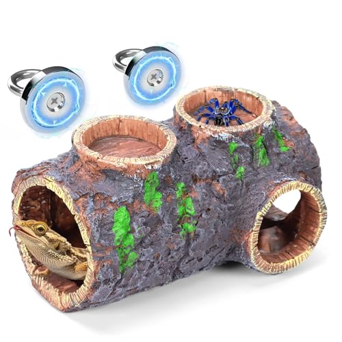 MECESOR Magnetic Reptile Hide with Waterer & Feeder Trough,Resin Hollow Tree Gecko Hideout Cave,Non-Toxic Climbing Toy Terrarium Decor for Green Anole,Tree Frog Climbing Accessories,Grey
