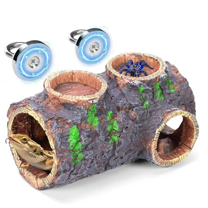 MECESOR Magnetic Reptile Hide with Waterer & Feeder Trough,Resin Hollow Tree Gecko Hideout Cave,Non-Toxic Climbing Toy Terrarium Decor for Green Anole,Tree Frog Climbing Accessories,Grey