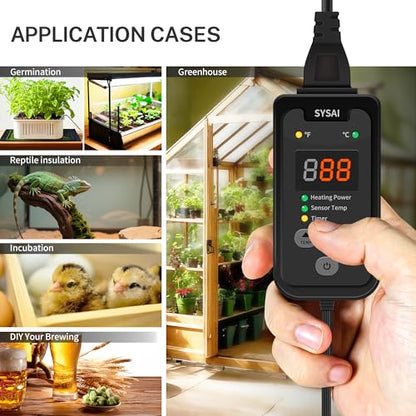 SYSAI Digital Thermostat Controller for Reptile Tank & Heat Mat, Seed Germination, Breeding & Home Brewing, 1A 100W, High Accuracy °F/°C Probe, 60-94°F
