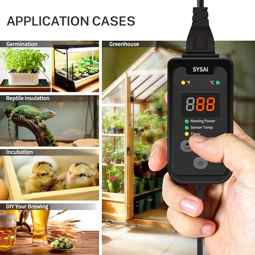SYSAI Temperature Controller for Reptile Tank, Heat Mat, Seed Germination, Greenhouse, Brooder, Home Brewing, 100W-1A, Digital Thermostat, °F/°C Display, 60-94°F