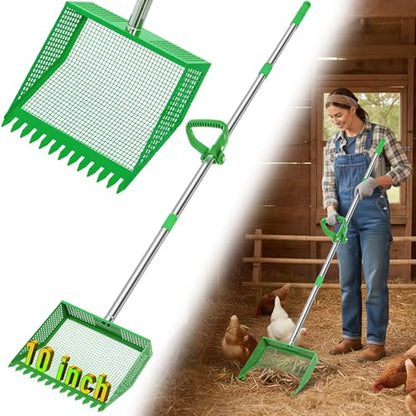 Large Chicken Poop Scooper: 2-in-1 Metal Pooper Scooper & Rake Adjustable 62" Long Handle Stainless Steel Sand Sifting Litter Shovel Chicken Coop Scoop Cleaning Tool for Goat Yard Bright Green - color: Bright Green