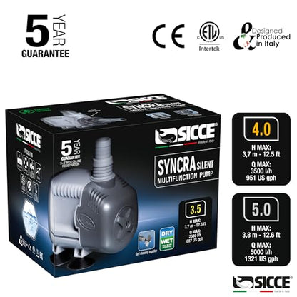 SICCE Syncra Silent 3.5 Multifunction 687 GPH Submersible Water Pump | Italian Made 68W Ultra Quiet Durable Aquarium Fish Tank, Fountain, Pond, Hydroponics, Terrarium Black | Freshwater & Saltwater - size: Syncra Silent 3.5