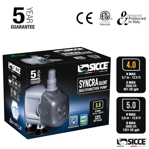 SICCE Syncra Silent 5.0 Multifunction 1321 GPH Submersible Water Pump | Italian Made 105W Ultra Quiet Durable Aquarium Fish Tank, Fountain, Pond, Hydroponics, Terrarium Black | Freshwater & Saltwater - size: Syncra Silent 5.0