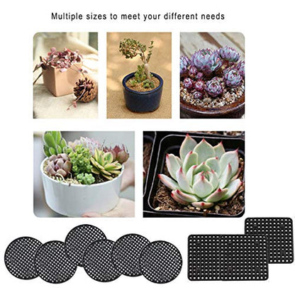 100Pcs Plant Pot Mesh Pads for Drainage Holes Round Square 3 Sizes Reusable | 50pcs 1.8in, 30pcs 2.16in, 20pcs 2.9in. Breathable, durable. Stop soil loss. For bonsai, pots.