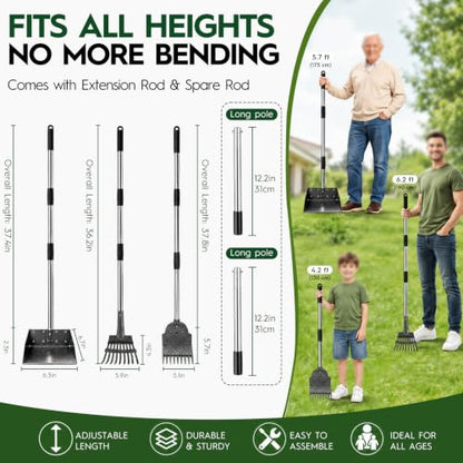 Pooper Scooper，Long Handle Dog Pooper Scooper，No More Bending , Easy to use | Easy to install,Upgraded Toothed Scooper，Free Extension Pole， Ideal for Yard, Lawn, Dirt & Gravel Ground，for Small-Medium Dog - size: Medium 3‑Pc Set