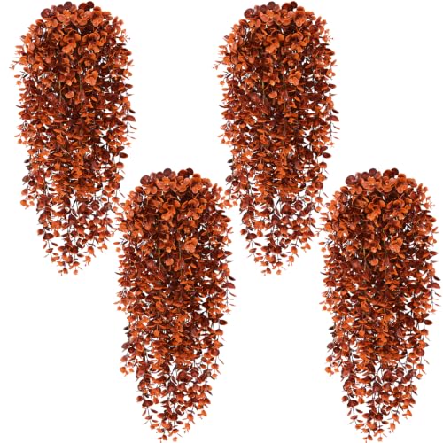 4Pcs Fake Hanging Plants, Red-Brown Eucalyptus Fake Vines Ivy | UV Resistant Artificial Plants Outdoor Faux Plants Indoor Bedroom Living Room Boho Wall Porch Shelf Decor - color: Red-brown Eucalyptus Vines, size: 4Pcs Plants