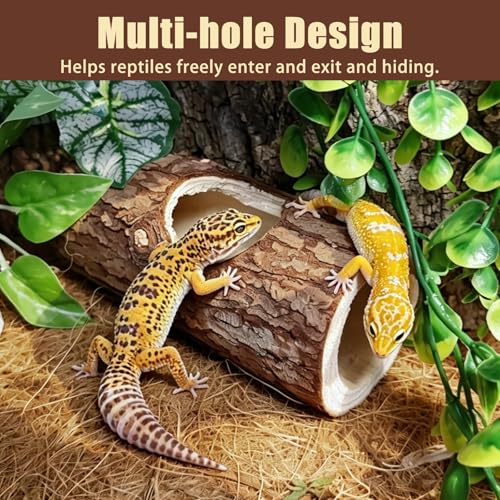 2Pcs Reptile Hide Cave,Wood Crested Gecko Hollow Tree Trunk Hideout,Snake Shelter Hiding Climbing Toys Sleeping Cave Terrarium Decor Tank Accessories for Lizard,Tarantula