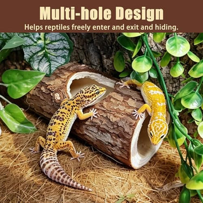 2Pcs Reptile Hide Cave,Wood Crested Gecko Hollow Tree Trunk Hideout,Snake Shelter Hiding Climbing Toys Sleeping Cave Terrarium Decor Tank Accessories for Lizard,Tarantula