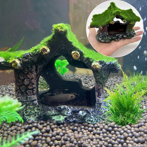 Tfwadmx Aquarium Decoration House Resin Hollow Betta Hideout House Fish Hide Tank Terrarium Accessories Cave Ornament for Small Shrimp Hideaway with Moss（2Pcs） - size: 2PCS