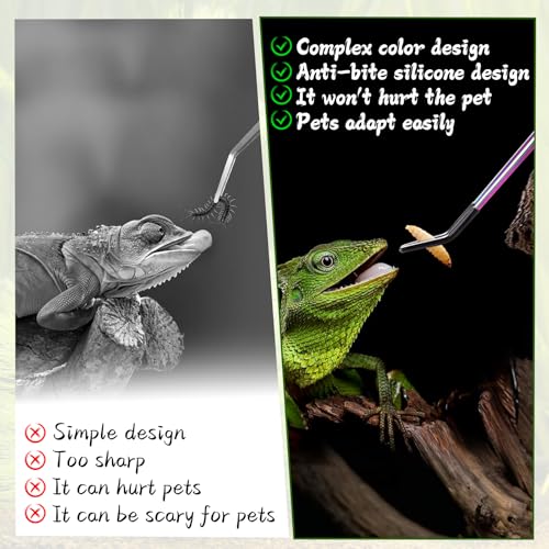 OLIISS Iridescent Reptile Feeding Tongs with Rubber Tips, 10.6", 2 Pack | Straight & Curved, Stainless Steel, Secure Grip, Feeder Tools for Bearded Dragons, Geckos & Lizards, Terrarium Tank Supplies - size: 10.6 Inch