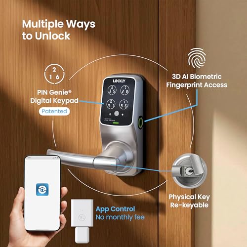 Lockly Secure Pro Wi-Fi Smart Lock with Handle | Keypad Keyless Entry Door Lock with Fingerprint,App Remote Control, Works with Alexa and Google, Auto Lock - color: Satin Nickel