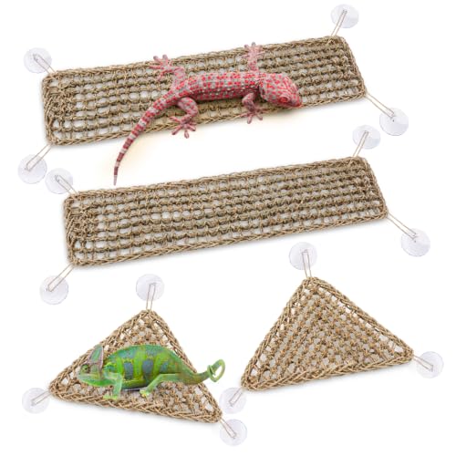 Dansydaisy 4 Pcs Reptile Hammock Bearded Dragon Tank Accessories, Woven Lounger with Strong Suction Cups, 2 Rectangle (29.5" x 7.1") and 2 Triangle (12.6" x 16.5") Climbing Beds for Geckos Iguanas - size: 29.5" X 7.1"，12.6" X 16.5"