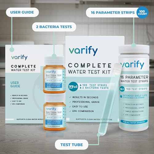 17in1 Complete Drinking Water Test Kit - 100 Strips + 2 Bacteria Tester Kits - Well, Tap, Home, City Water Testing Strip for Lead, Alkaline, Chlorine, Hardness, Iron, Fluoride, Copper & More