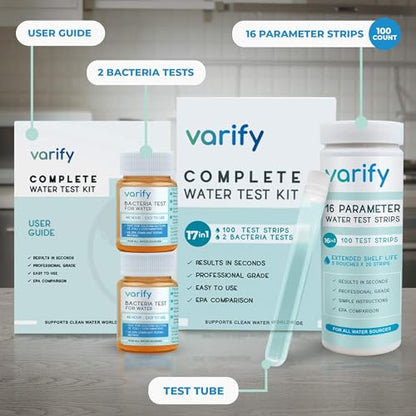 17in1 Complete Drinking Water Test Kit - 100 Strips + 2 Bacteria Tester Kits - Well, Tap, Home, City Water Testing Strip for Lead, Alkaline, Chlorine, Hardness, Iron, Fluoride, Copper & More